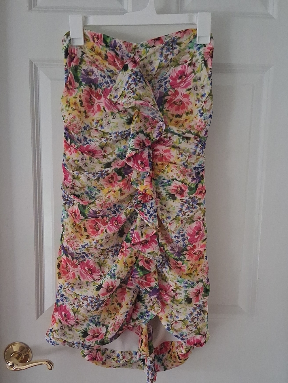 Lavender Brown Floral Strapless Mini Dress in Pink, Yellow & Multicolor Size L